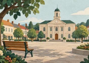 Намальована міська площа з будівлями, лавкою й деревами. Редакційна ілюстрація.