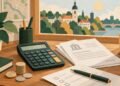 Калькулятор і документи: тематична ілюстрація про виплати та фінанси. Ілюстрація редакції (ШІ).