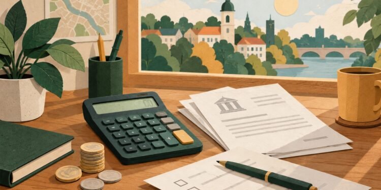 Калькулятор і документи: тематична ілюстрація про виплати та фінанси. Ілюстрація редакції (ШІ).