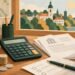 Калькулятор і документи: тематична ілюстрація про виплати та фінанси. Ілюстрація редакції (ШІ).