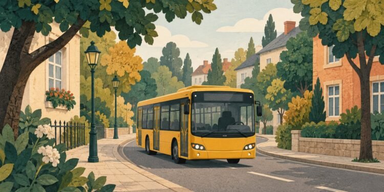 Намальований міський автобус на вулиці з деревами. Редакційна ілюстрація.